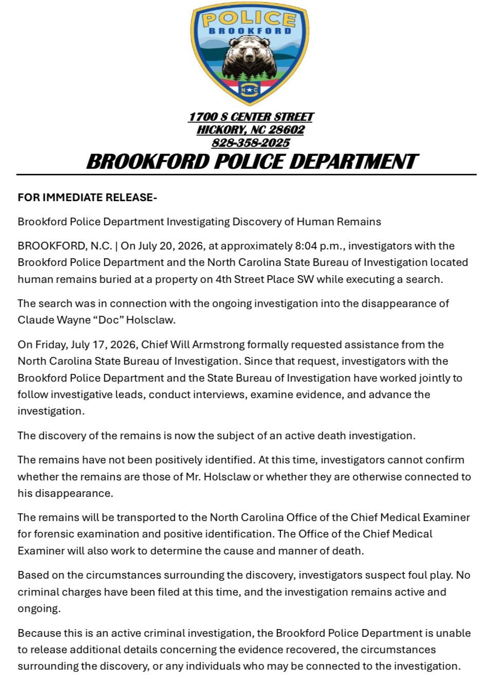Body Located In Catawba County.  Brookford Police Suspect Foul Play